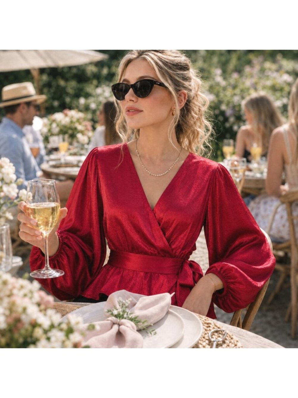 A Calin Size Sm Red Satin Wrap Blouse Peplum Balloon Sleeve Holiday Glamcore Top
